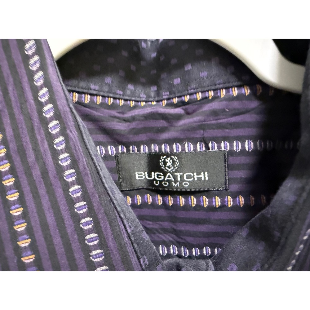 Bugatchi Uomo‎ Mens XL Purple Black Striped Embroidered Long Sleeve Button Shirt - Picture 6 of 8